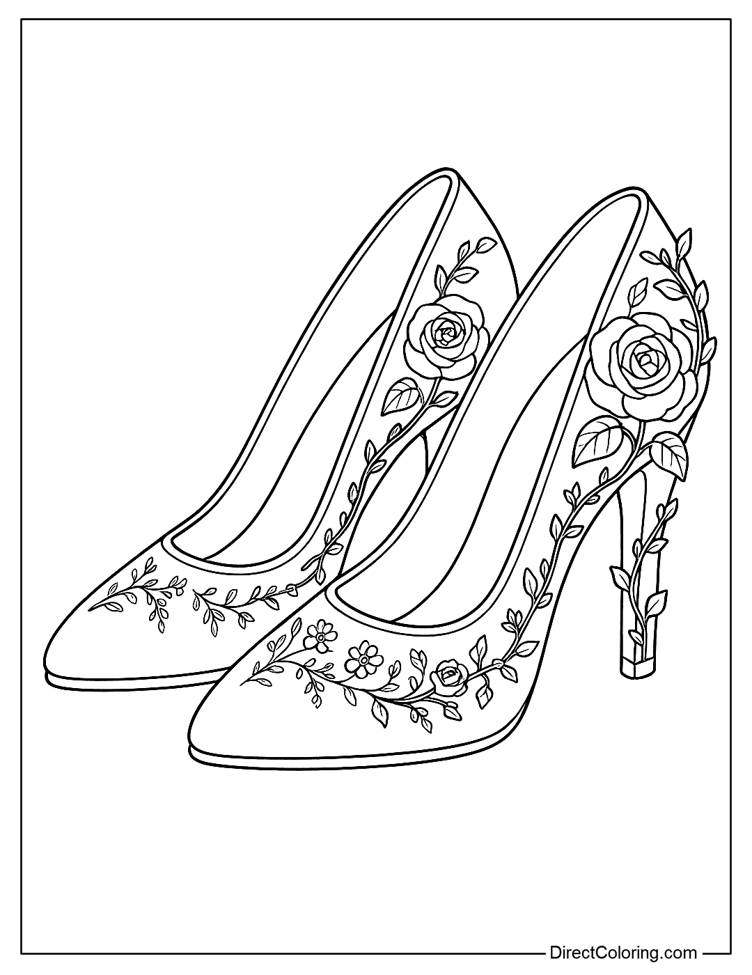 Coloring page for an elegant pair of high heels with blooming roses and ivy wrapped around the heels and toes